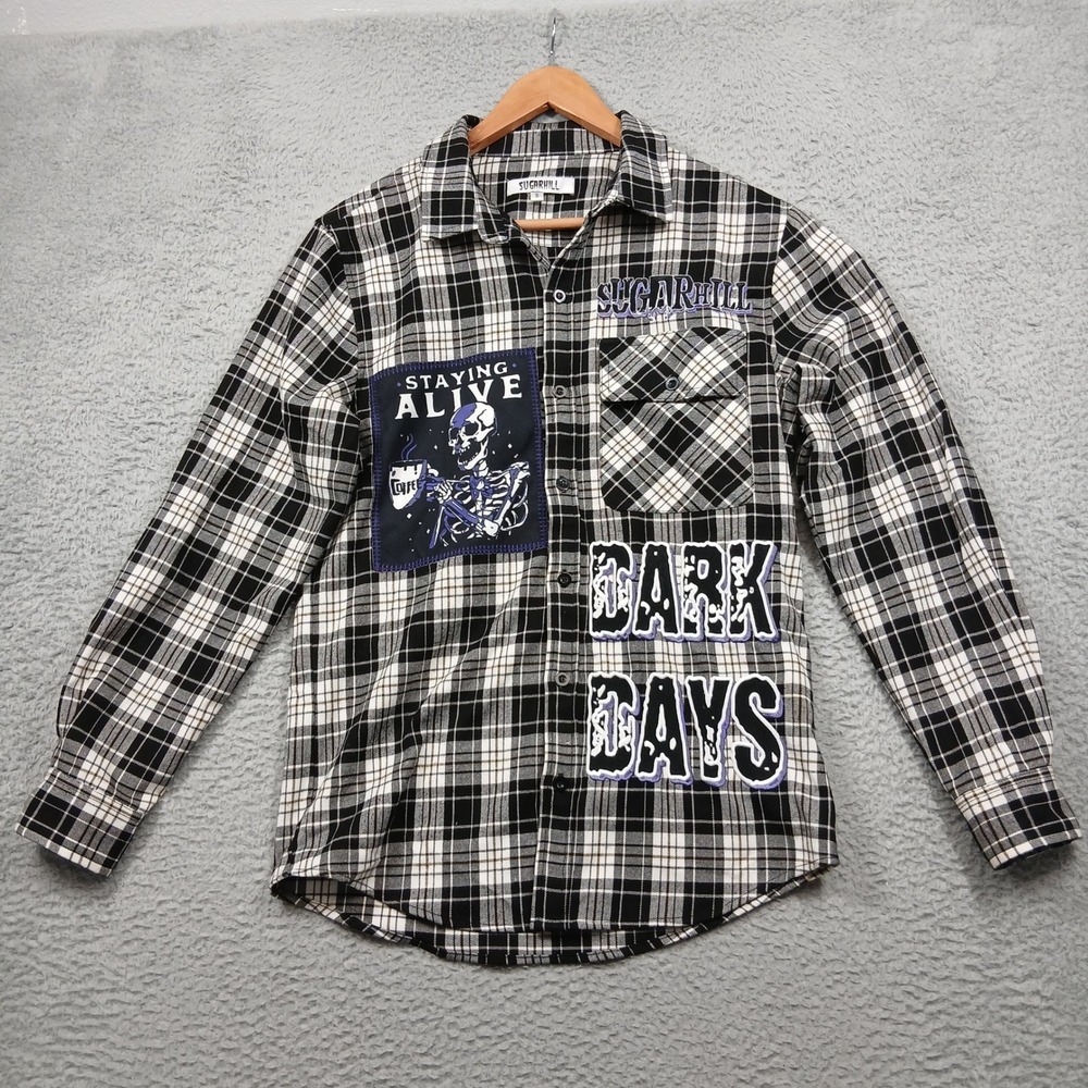 Sugarhill Dark Days Plaid Flannel Shirt S Black White Patchwork Graphic Skeleton